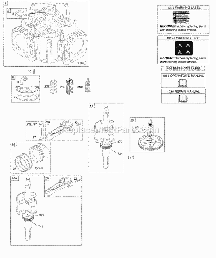 Crankshaft Camshaft Cylinder Piston Rings Connecting Rod Diagram and Parts List for 40G777-1222-B1  Briggs and Stratton Engine